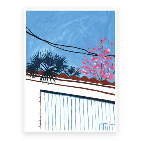 Marta Chojnacka print blue and white meaditerranean building with palmtrees