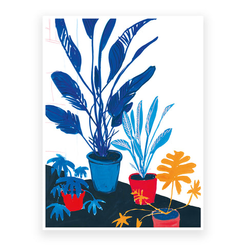 Marta Chojnacka print blue plants in red pots and yellow monstera