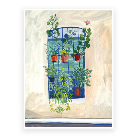 Marta Chojnacka original artwork pink flower and green plants in Barcelonas window