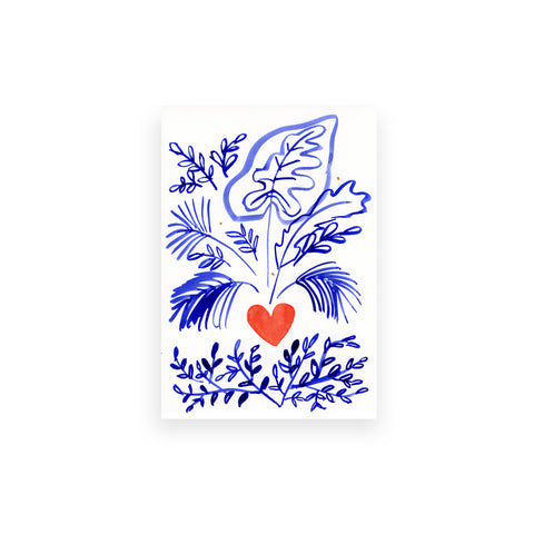 Marta Chojnacka print red heart and blue monstera and palmtrees and plants