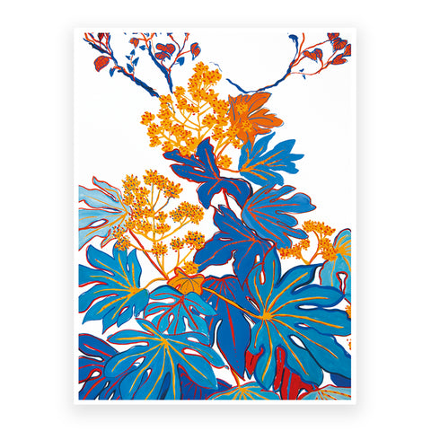Print by Marta Chojnacka representing palm leaf blue plants