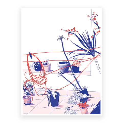 Marta Chojnacka print blue and red plants on the patio