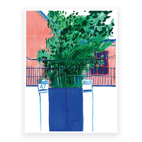 Marta Chojnacka print patio with bushy garden and blue door in Barcelona