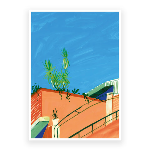 Print by Marta Chojnacka featuring blue sky and palm tree and terracotta building