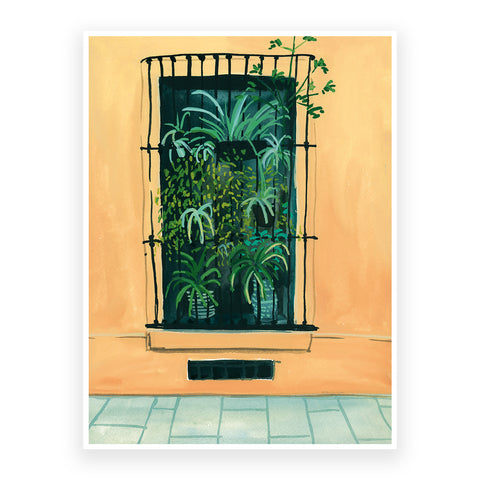 Marta Chojnacka print window with green plants in yellow building in Barcelona