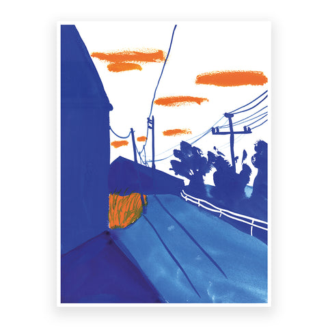 Marta Chojnacka print blue and yellow cityscape showing strong sunset