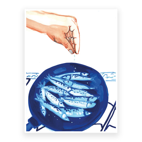 Marta Chojnacka print hand putting salt for sardines on frying pan