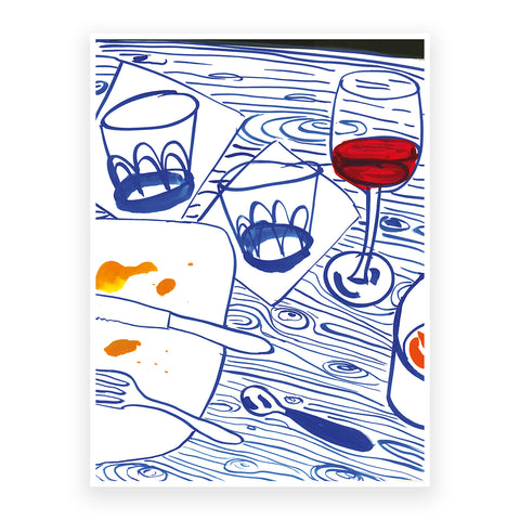 Marta Chojnacka print blue line still life with water and wine