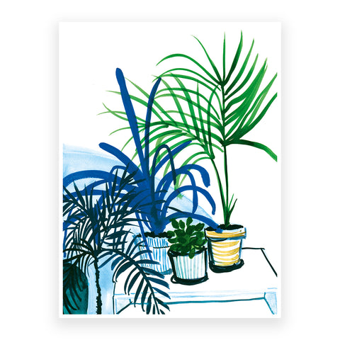 Marta Chojnacka print blue and green plants and palmtrees in plantpots