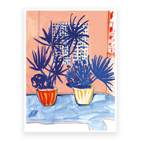 Marta Chojnacka print blue palmtrees in plantpots on pink wall in the city