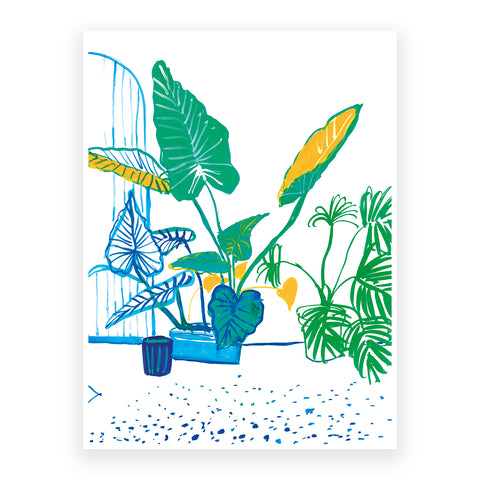 Marta Chojnacka print plantpots in the city with elephanteplant with stripy leaves