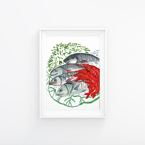 Red Prawns and Fish 230x310mm, Original Artwork
