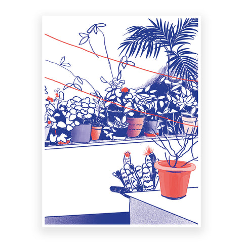 Marta Chojnacka print blue patio with a lot of plants white background
