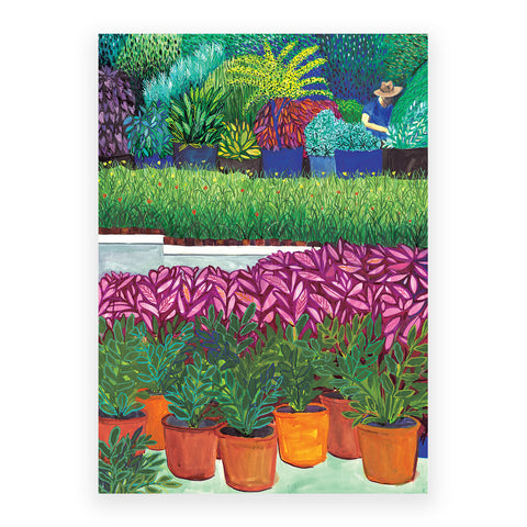Marta Chojnacka print gardener in busy garden with a lot of plants on white background