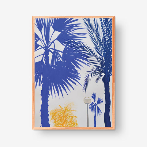 Marta Chojnacka orginal artwork palm trees in the park in blue and in yellow in wooden frame