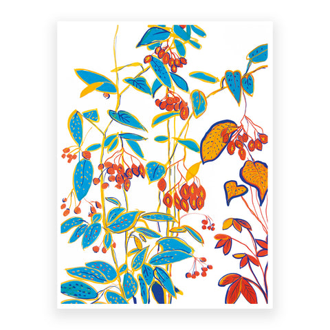 Print by Marta Chojnacka of a blue plant with  red fruits and yellow flowers