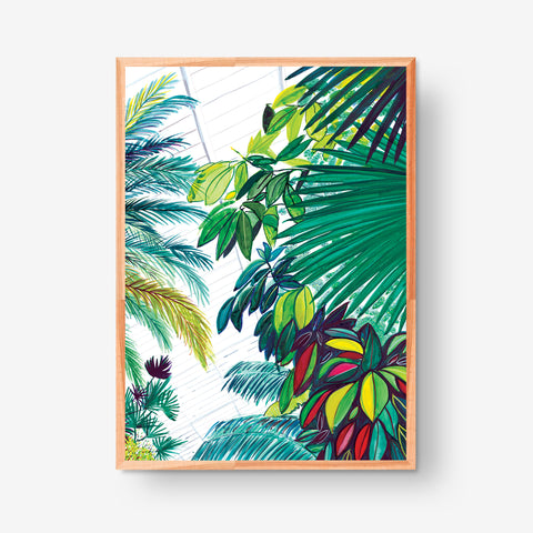 Marta Chojnacka print palmtrees and colorful leaves in glasshouse in Barbican in London
