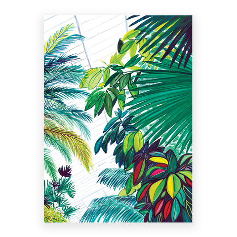 Marta Chojnacka print palmtrees and colorful leaves in glasshouse in Barbican in London on white background
