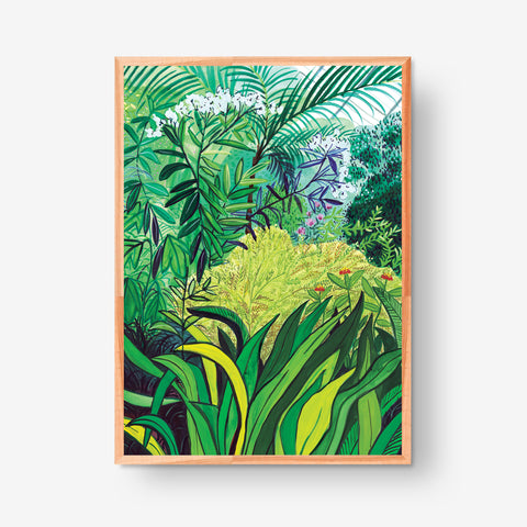 Marta Chojnacka print palm trees and colourful leaves and flowers  in glasshouse in Barbican in London
