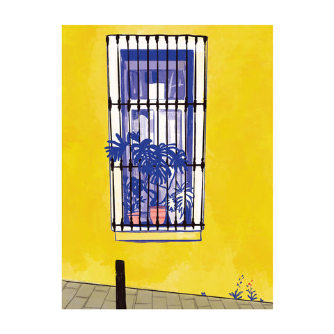 Marta Chojnacka print blue monstera in the Barcelonas window